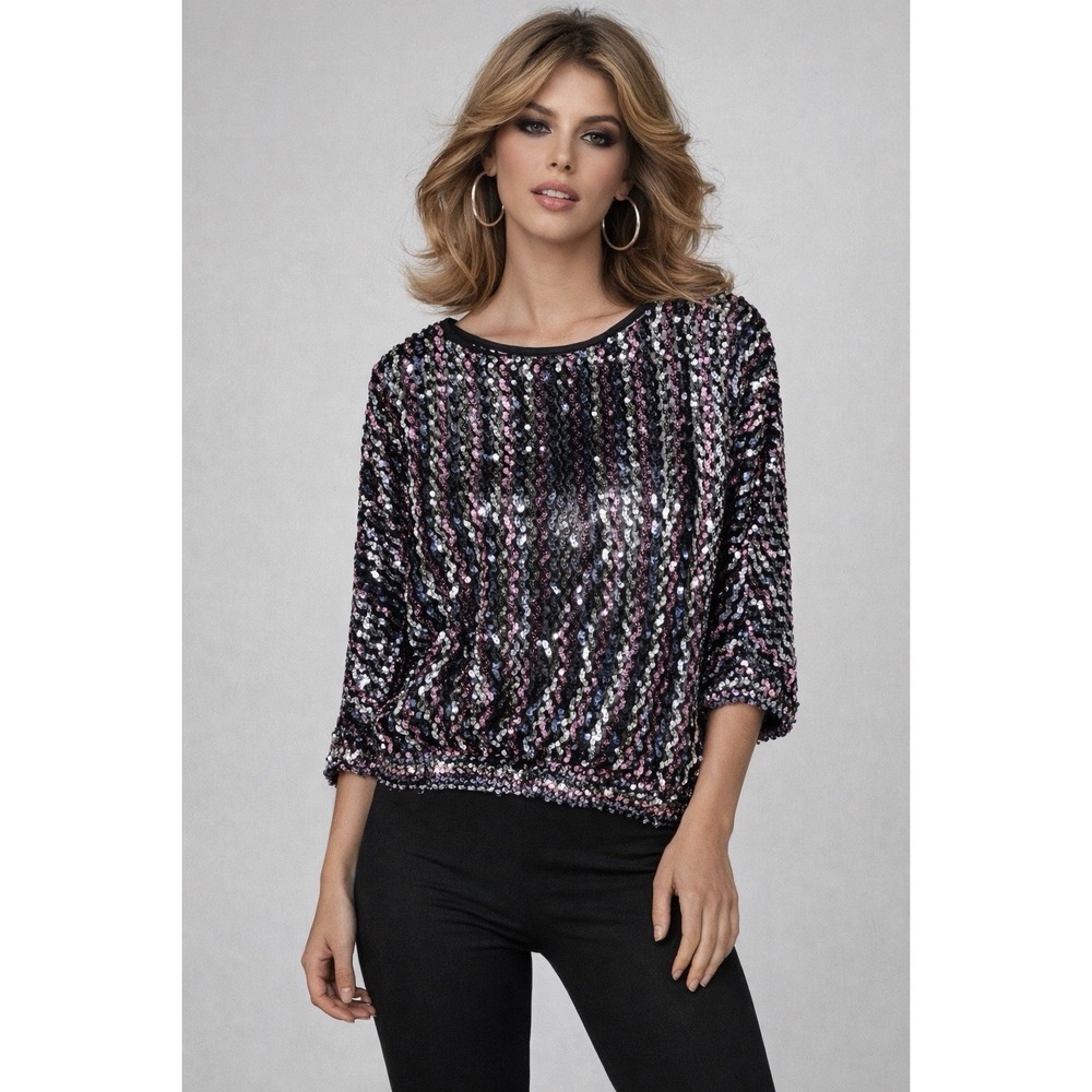 Vintage 70's Miss H Top‎ Sequins Disco Party Studio 54 Short Dolman Sleeve L